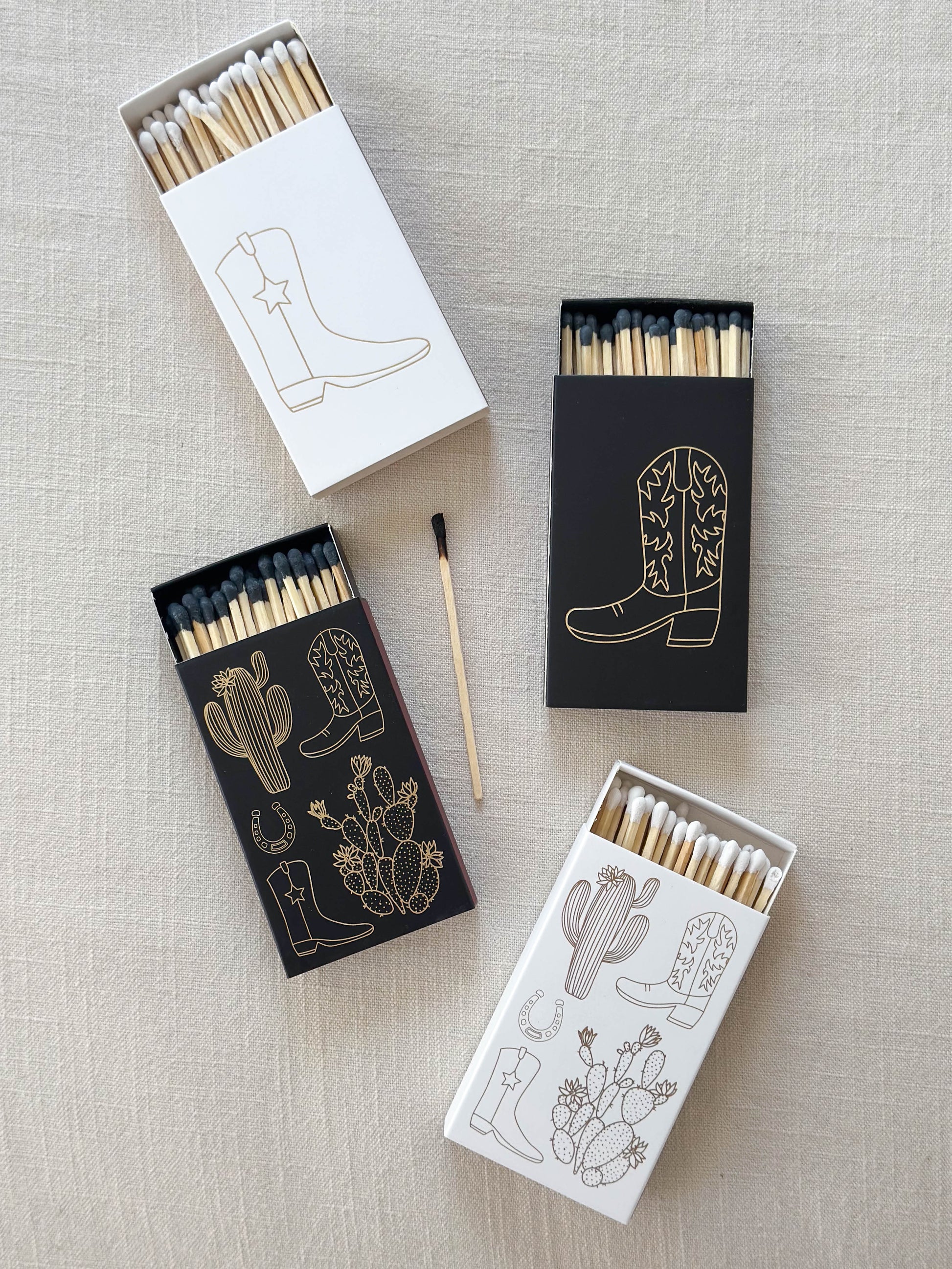 Cowboy boot and cactus match boxes by Stable Style