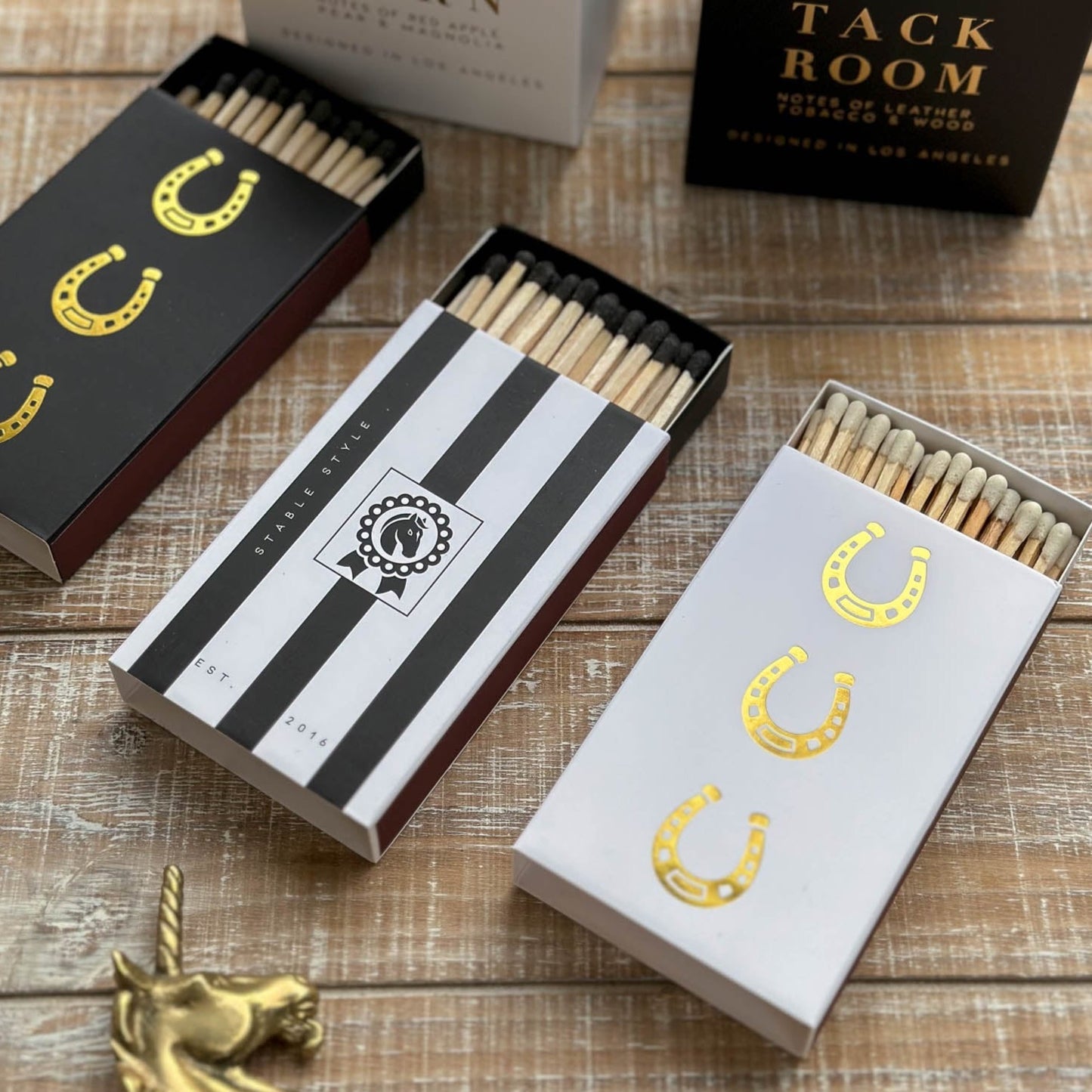 Decorative equestrian match boxes with safety matches